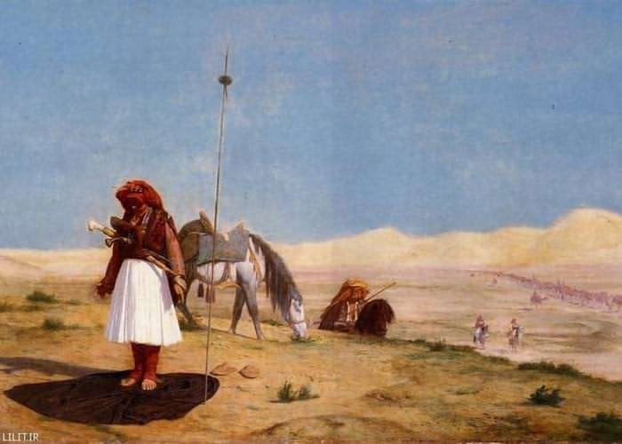 تابلو نقاشی نماز شکسته جنگاور مسلمان در بیابان
