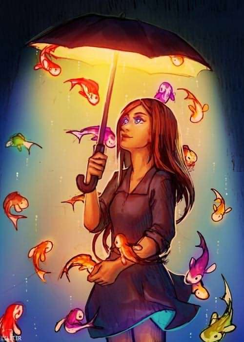 تابلو نقاشی رویای چتر نور و ماهی ها