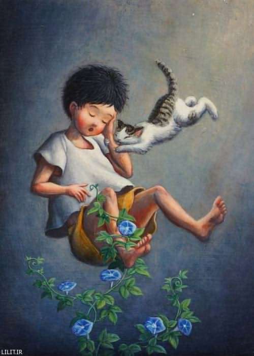 تابلو نقاشی پسربچه و گربه در خواب عمیق تابلو نقاشی پسربچه و گربه در خواب عمیق