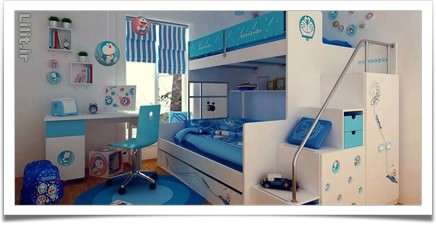 تخت خواب دوطبقه آبی حفاظ دار برای اتاق کودک پسرانه تخت خواب دوطبقه آبی حفاظ دار برای اتاق کودک پسرانه